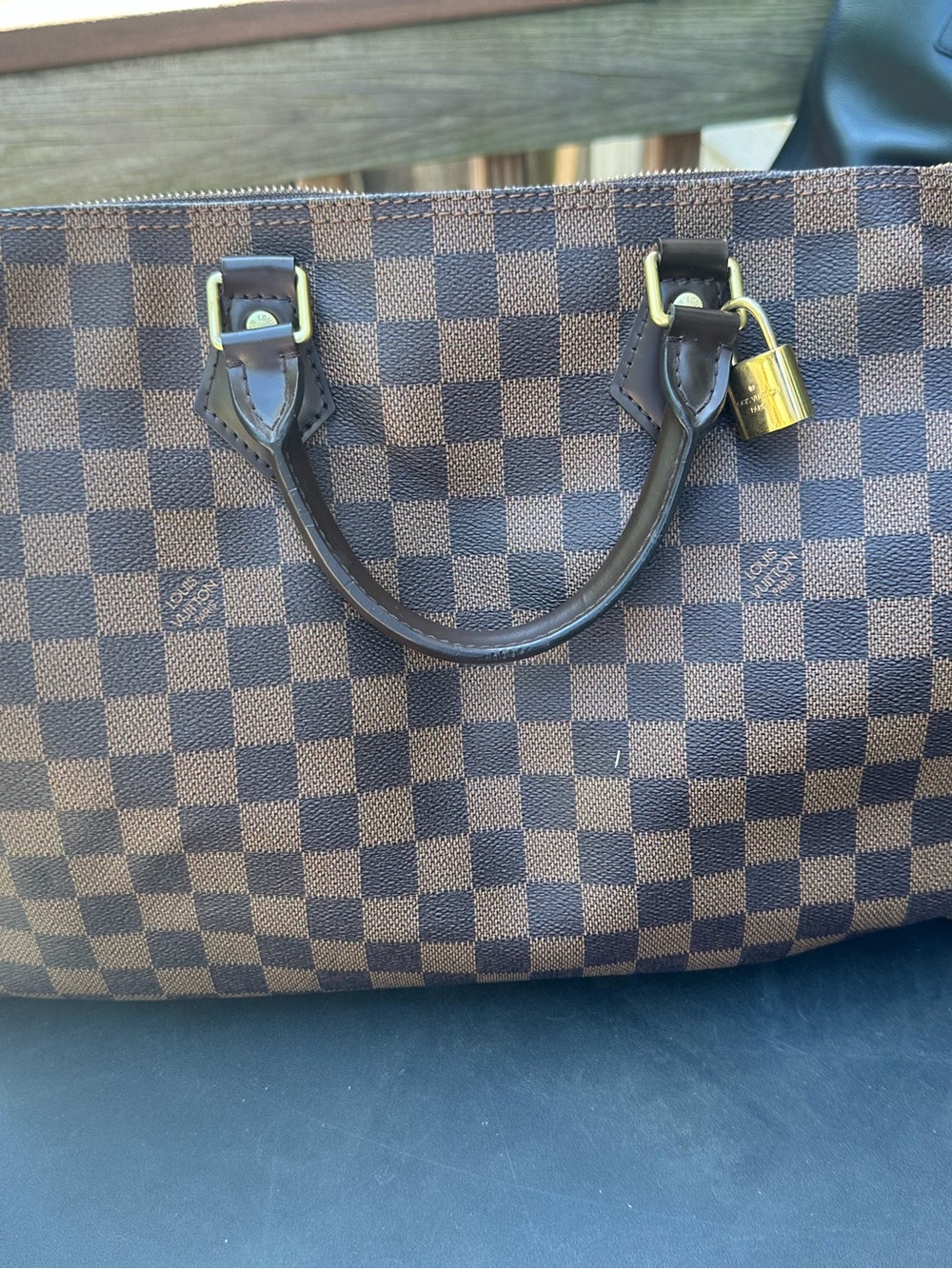 Louis Vuitton Brown Damier Ebene Check Tote with Gold Hardware